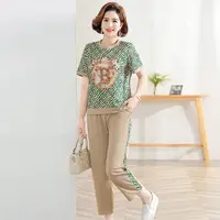 C144妈妈夏装气质休闲两件套时尚短袖T恤中老年运动服套装女