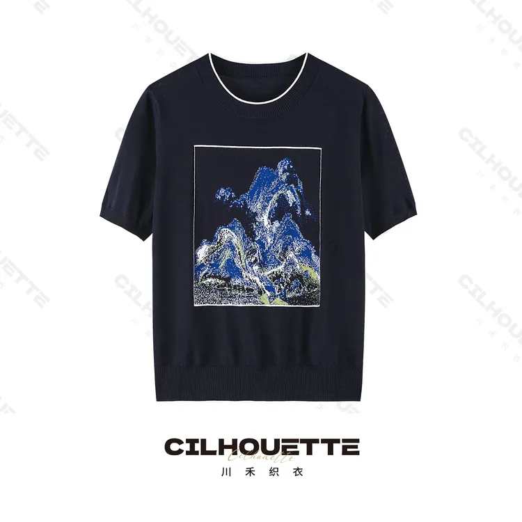 【清】川禾织衣 夏季江山如画提花圆领天丝桑蚕丝短袖针织T恤薄款