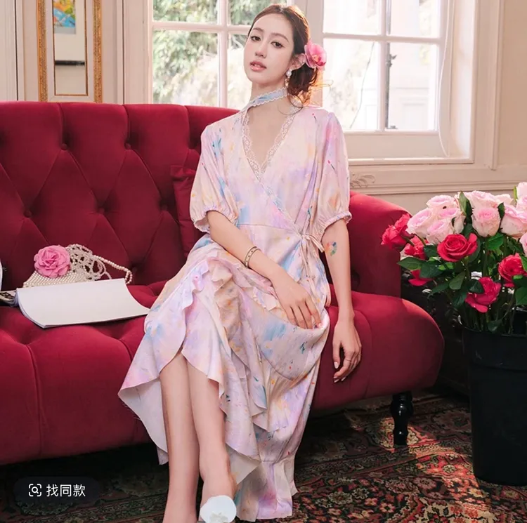 原创印花飘带仿真丝冰丝睡裙带胸垫家居服绸缎睡衣短袖长裙可外穿