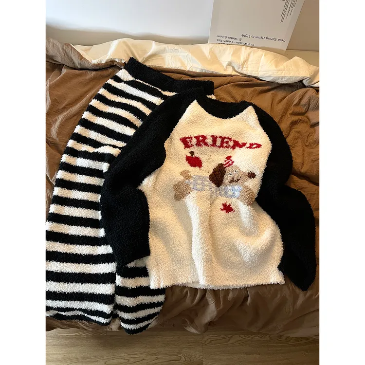 可爱少女腊肠狗印花半边绒睡衣女冬季2025新款针织保暖家居服套装