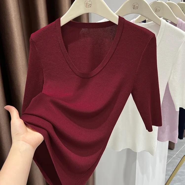 简约U领五分袖上衣女秋冬百搭保暖针织衫爆款红色套头显瘦打底衫