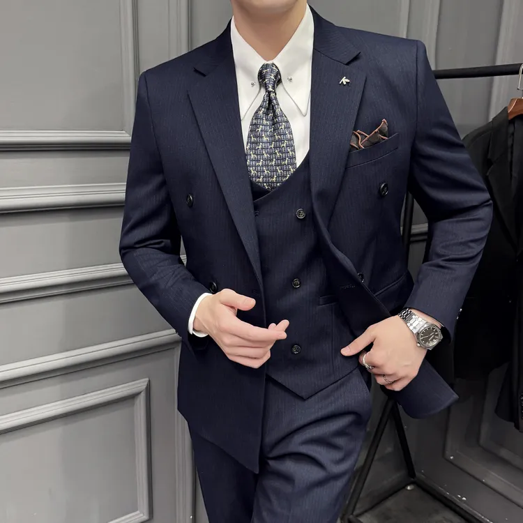 高级感西装深藏青色双排两粒扣平驳领西服商务套装男结婚礼服新郎