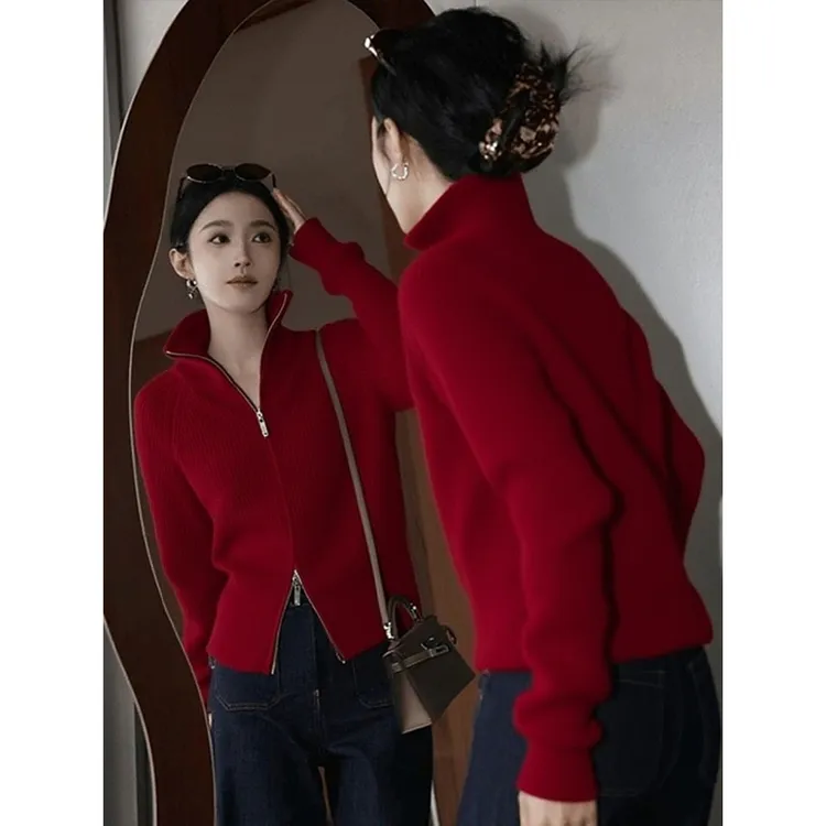 秋冬氛围感红色双拉链高领针织毛衫女2025新款时尚高知慵懒短上衣