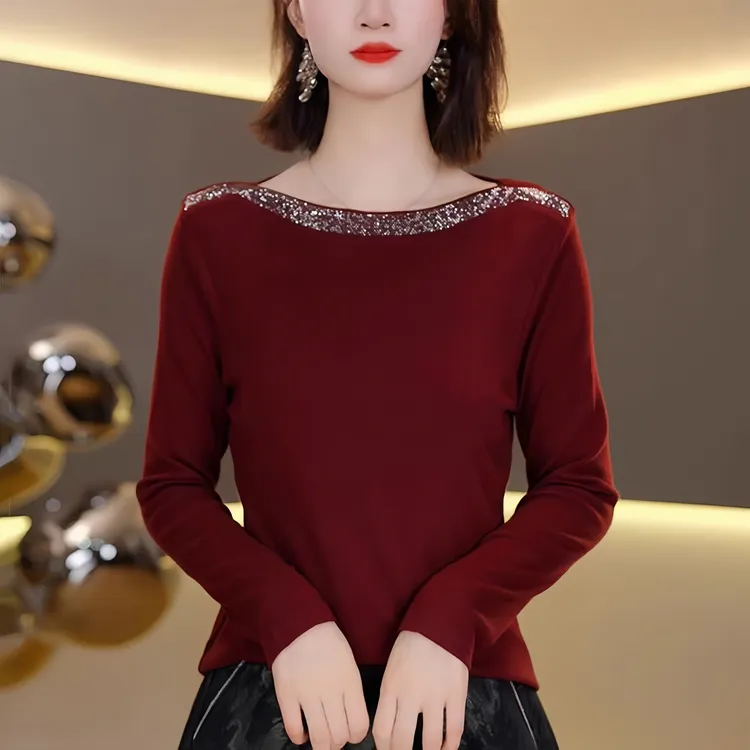 高级感重工烫钻一字领长袖针织衫秋季新款气质显瘦打底衫套头上衣