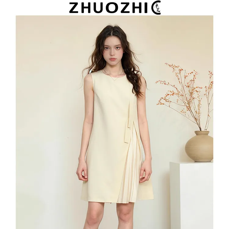 [卓芝]法式蝴蝶结飘带压褶连衣裙2025夏季新款减龄修身显瘦短裙