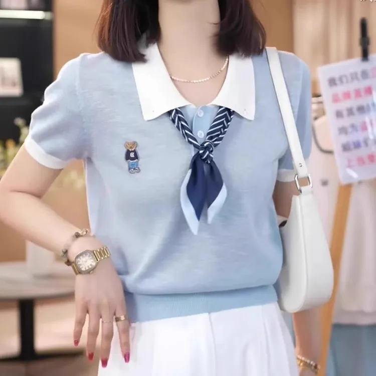 芯娇晴撞色丝巾polo领冰丝针织衫2025年夏季漂亮时髦柔软亲肤上衣