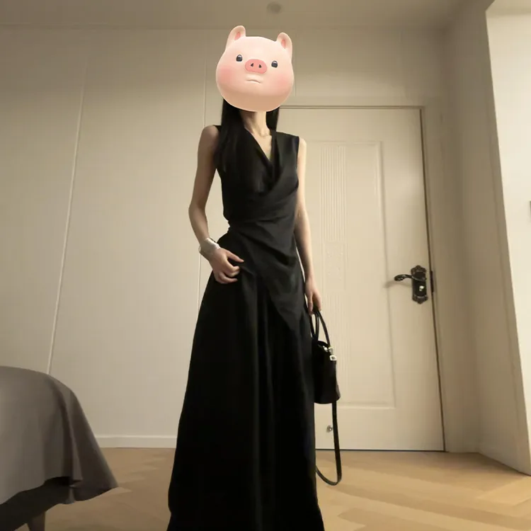 酷飒风穿搭韩系黑色无袖连衣裙子女2025新款绑带上衣裙裤两件套