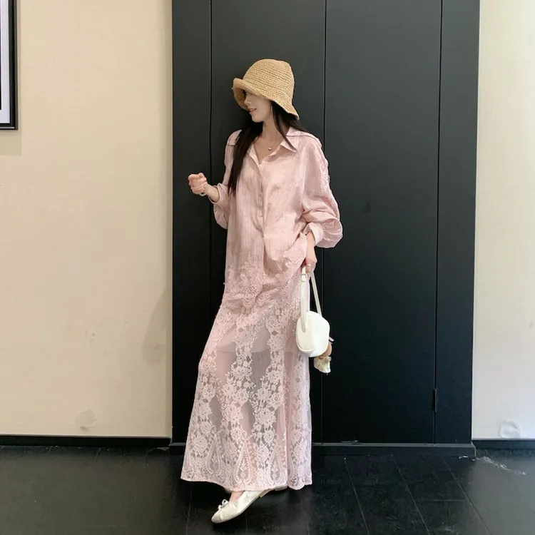 法式气质优雅粉色蕾丝花边衬衫上衣女半身裙长裙甜美时髦减龄套装