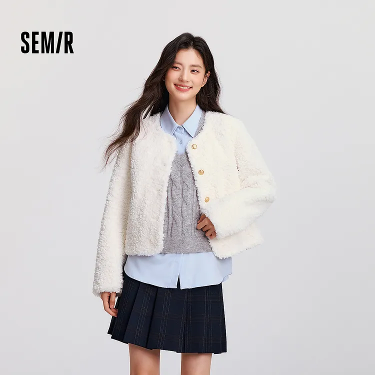 森马外套女冬季短款圆领修身仿羊羔毛仿麂皮夹克小个子小香风上衣