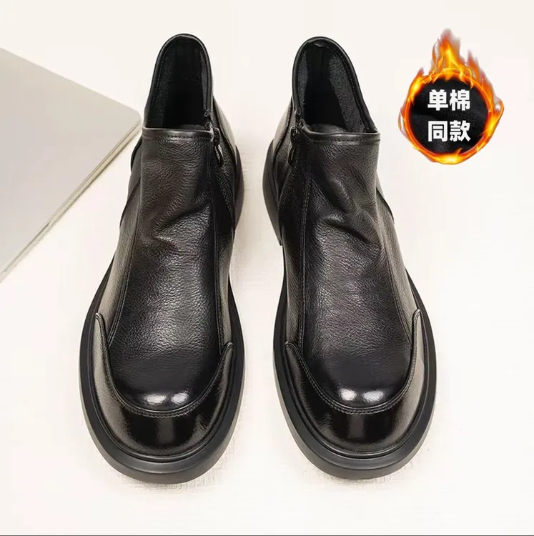 男士休闲皮靴2025年秋冬新款韩版潮流加绒保暖真皮靴子男百搭男鞋