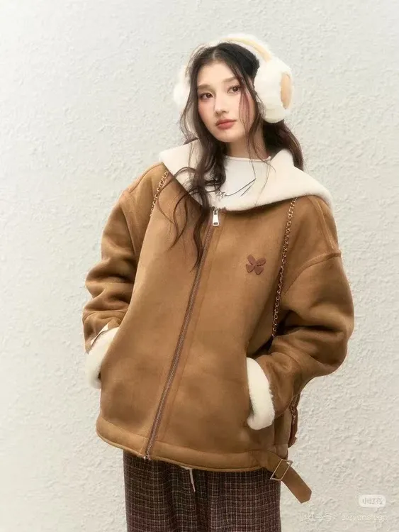 冬季保暖加厚皮毛一体外套女毛绒海军领设计麂皮棕色宽松百搭棉袄