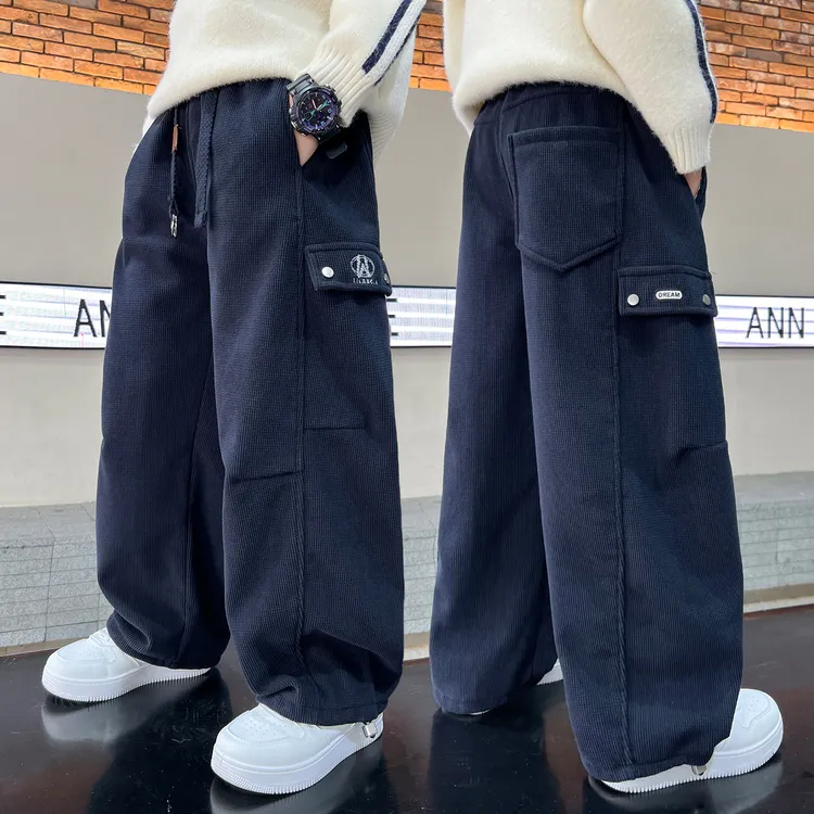 冬季新款男童中大童加厚工装裤加绒运动裤子儿童休闲裤帅气保暖