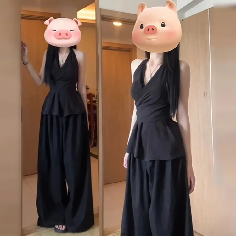 波点2025新款夏装搭配一整套法式感百搭挂脖上衣阔腿裤两件套装