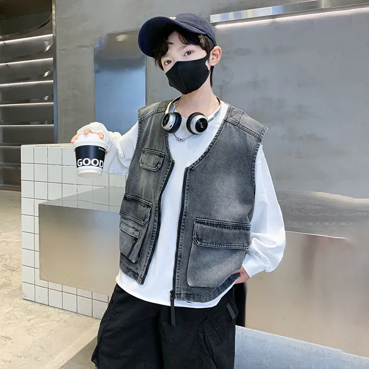 儿童秋季牛仔马甲薄款男童无袖外套春秋装中大童时髦坎肩男孩背心