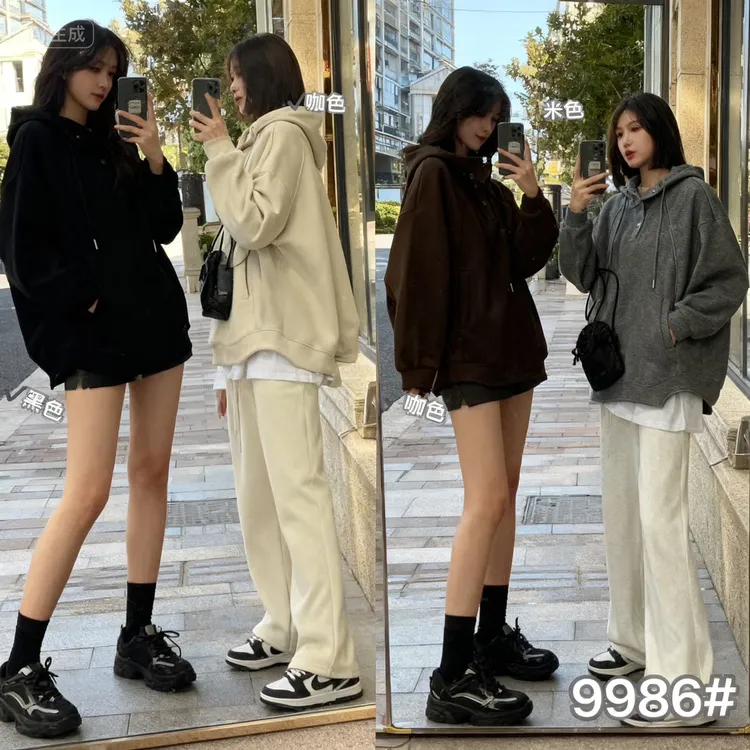 韩版慵懒风女秋冬连帽单排两粒扣宽松卫衣休闲设计感百搭ins