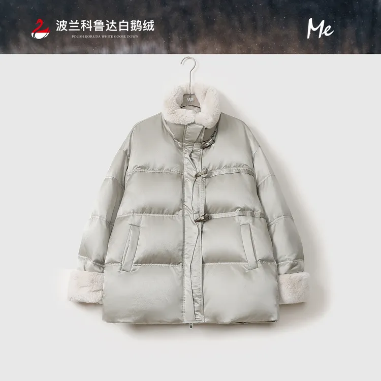 ME【波兰进口科鲁达琥珀银灰一手长】兔毛领95白鹅绒外套MEQA4446