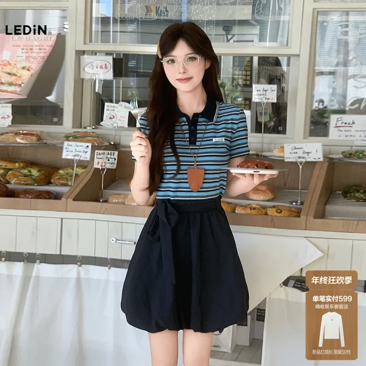 【海盐拿铁】乐町条纹拼接连衣裙女2025新款短袖半开襟时尚裙丨