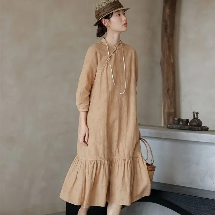 宽松显瘦亚麻棉提花文艺改良旗袍连衣裙中长款新中式国风旗袍