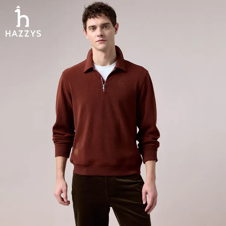 【商场同款】HAZZYS哈吉斯秋冬男士拉链长袖Polo衫纯色翻领T恤上衣