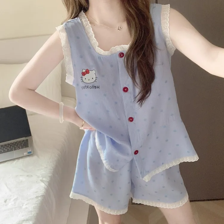 Hellokitty带胸垫睡衣女款夏季云朵棉吊带短裤背心卡通家居服套装