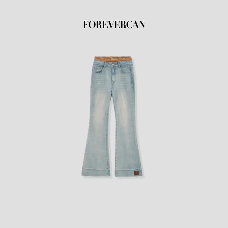 FOREVERCAN“人鱼裤”复古做旧洗水微喇叭通勤牛仔裤SP19216