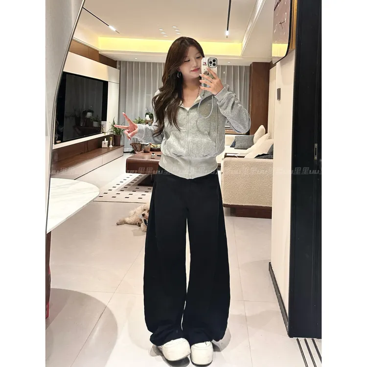 6744#黑色弯刀牛仔裤女新款显瘦设计感宽松阔腿裤子（不含丝带）