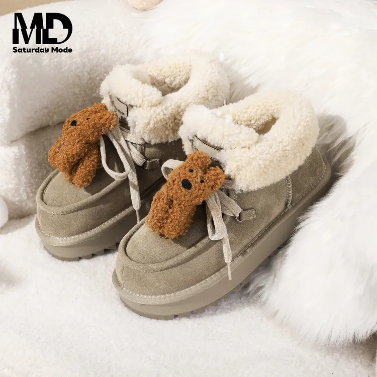 SATURDAYMODE翻边毛绒雪地靴女冬季保暖系带短靴棉鞋MDD411AD01