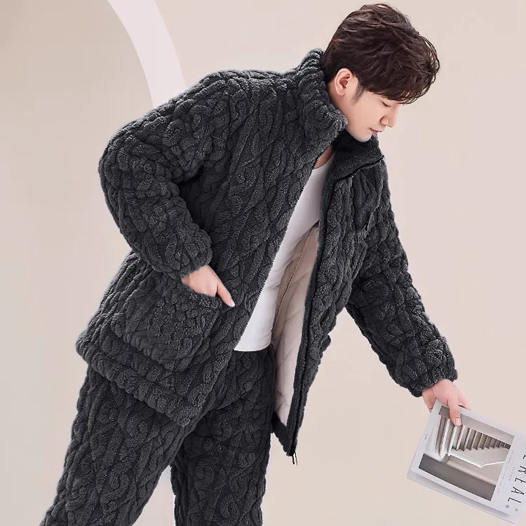 冬季三层夹棉男士珊瑚绒睡衣套装加厚加绒暖法兰绒家居服可外穿JX