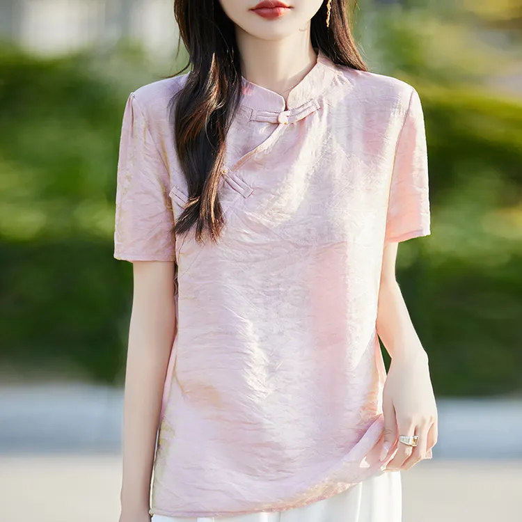 新中式夏季浮光锦异色提花短袖国风立领复古盘口T恤小衫半袖百搭