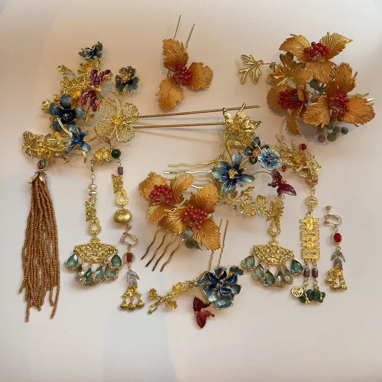 金色花朵蓝色发簪头饰新中式新娘红色秀禾服旗袍晨袍龙凤褂发饰品