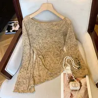 妮妮家0153早秋新款法式晕染斜领不规则长袖打底上衣