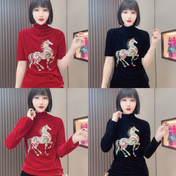 敏宝儿➕彩虹马重工刺绣丝绒打底衫新中式上衣