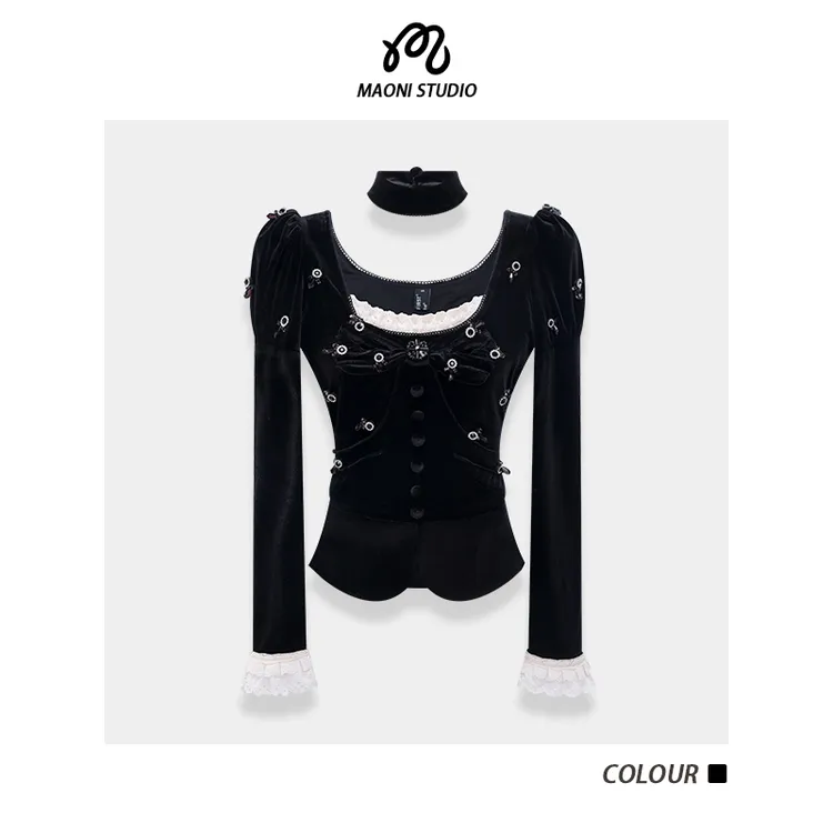 毛妮LADIESFIRST高定钉钻黑色丝绒宫廷风泡泡袖修身显瘦上衣L2885
