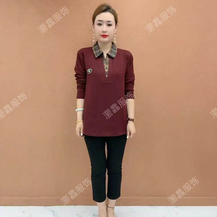 秋季新款时尚妈妈装方领时尚大码洋气遮肚显瘦长袖假两件小衫2025