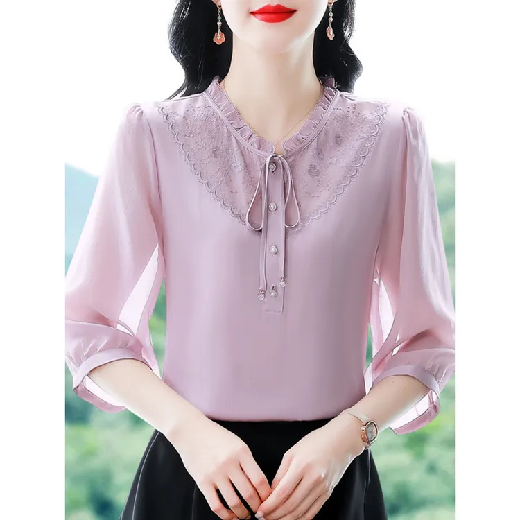 【2025夏季新款】雪纺打底衫女短袖高级独特洋气七分袖系带上衣潮流