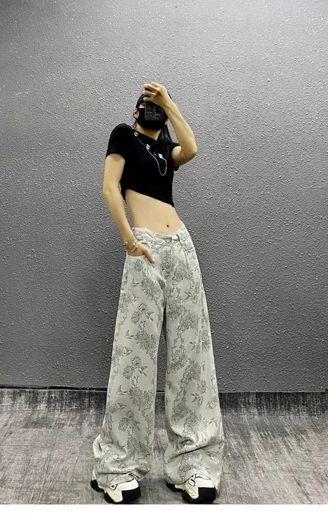 新中式国风印花阔腿裤女2025夏季新款高腰显瘦百搭休闲直筒长裤子