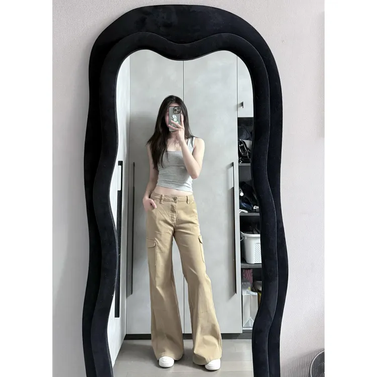 美式卡其色弹力工装牛仔裤女低腰不贴腿百搭微喇叭显瘦微喇裤