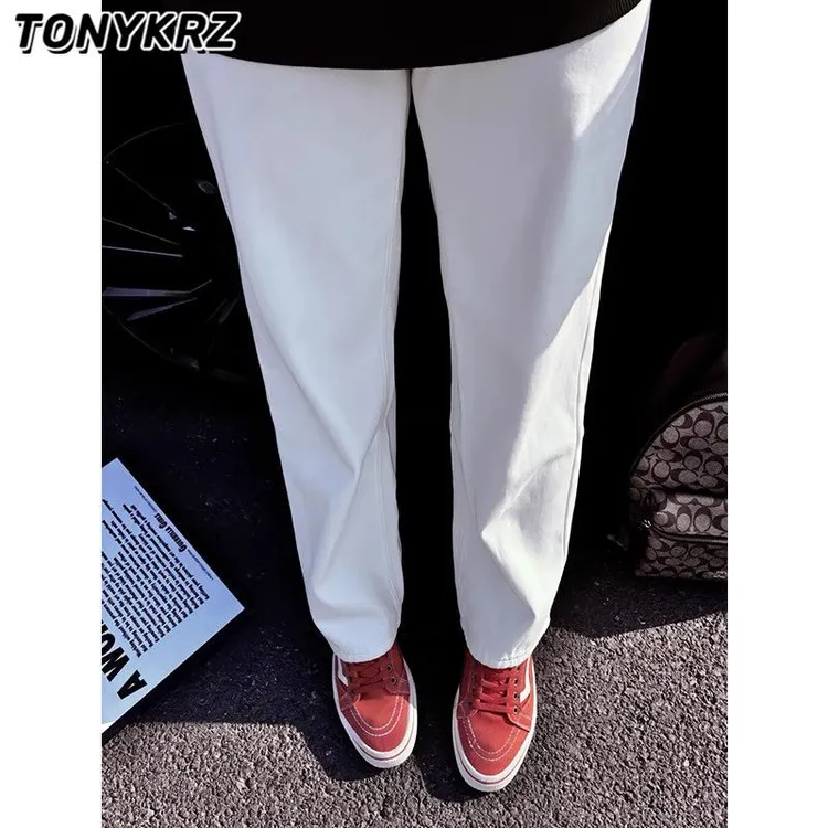 TONYKRZcleanfit白色牛仔裤男款美式垂感裤子窄版修身直筒微喇裤