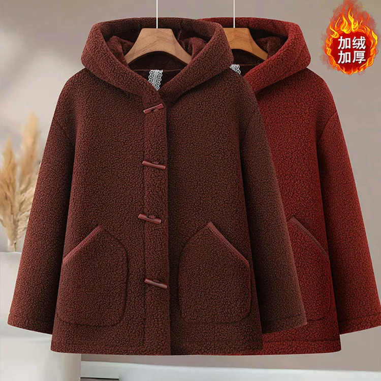 妈妈冬装连帽加绒加厚颗粒绒外套2025新款中老年女装大码保暖棉袄