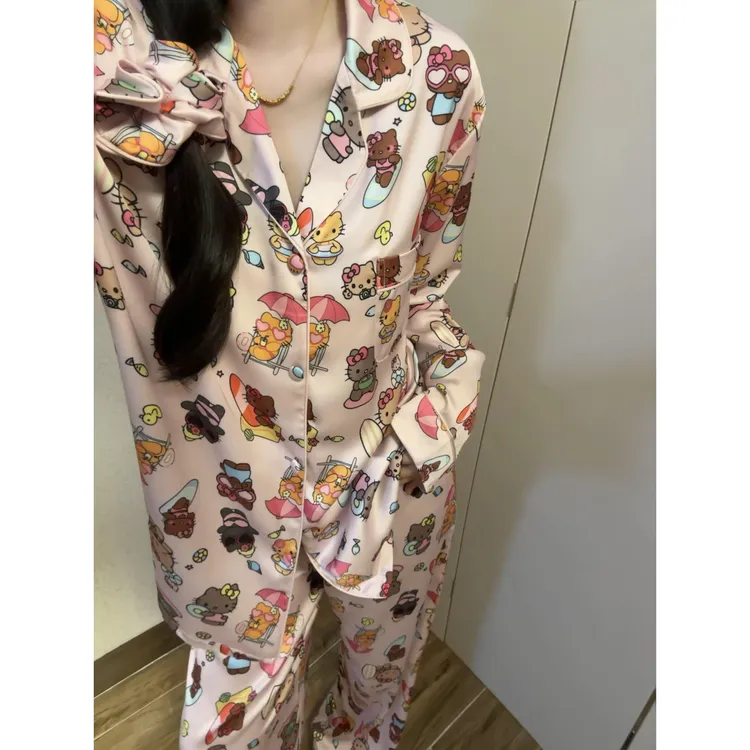 黑皮kt猫冰丝睡衣女款秋季2025新款宽松长袖长裤家居服套装可外穿