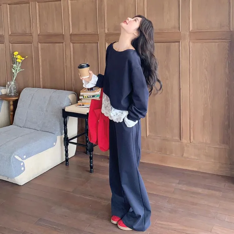 学院风蕾丝拼接卫衣套装女春季2025新款小个子超好看阔腿裤两件套