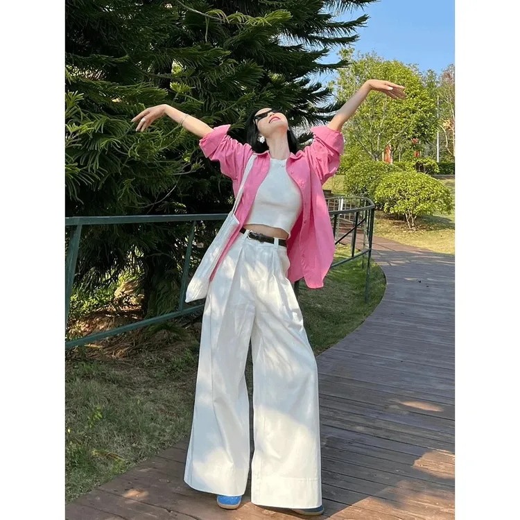 春季穿搭韩系气质时髦时尚百搭背心慵懒风树莓粉衬衫阔腿裤套装女