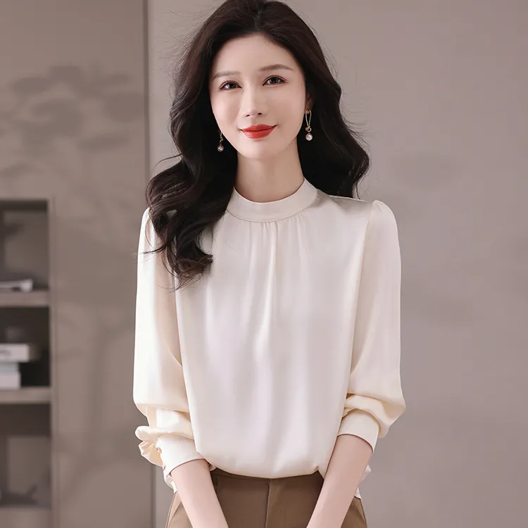 真丝长袖衬衫女春秋新款立领中式时尚气质百搭桑蚕丝洋气衬衣小衫