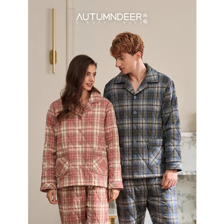 秋鹿梭织色织格情侣睡衣轻奢高级格纹男女士开衫国民领家居服