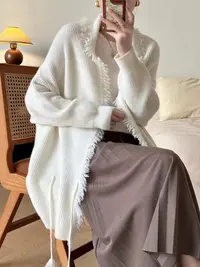 高奢山羊绒宽松型长袖开衫款女装针织薄款毛针织衫慵懒风中长款