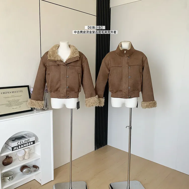  伦敦少女 中古麂皮烫金复古皮毛一体环保毛毛夹克外套