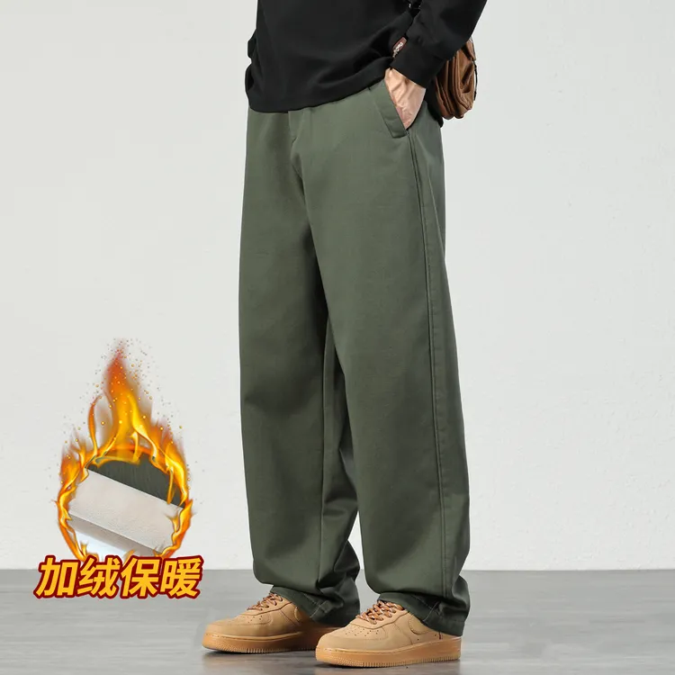 日系复古加绒休闲裤男士2025秋冬季宽松直筒军绿色加厚保暖裤子潮