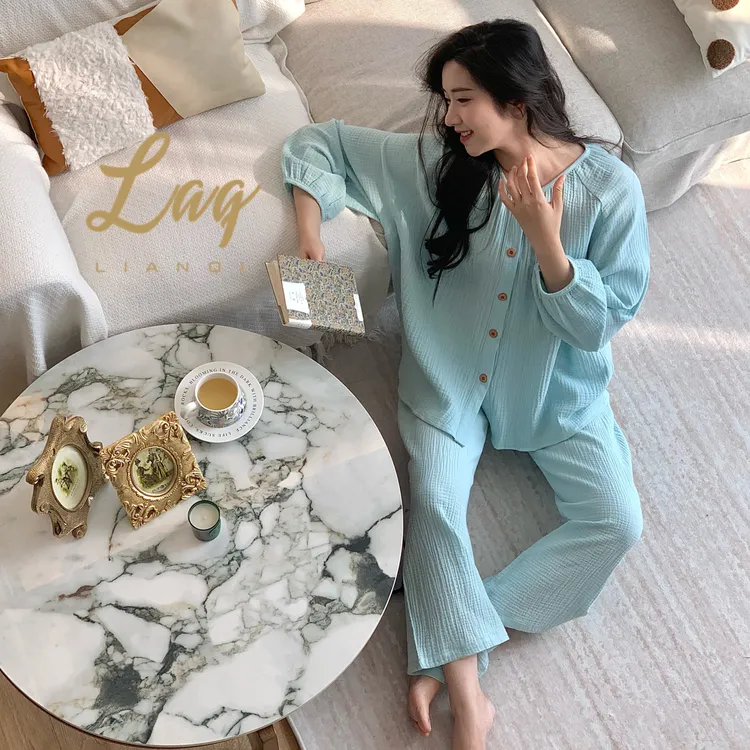 睡衣女春夏纯棉纱布双层婴儿棉纱纯色开衫圆领长袖长裤套装家居服