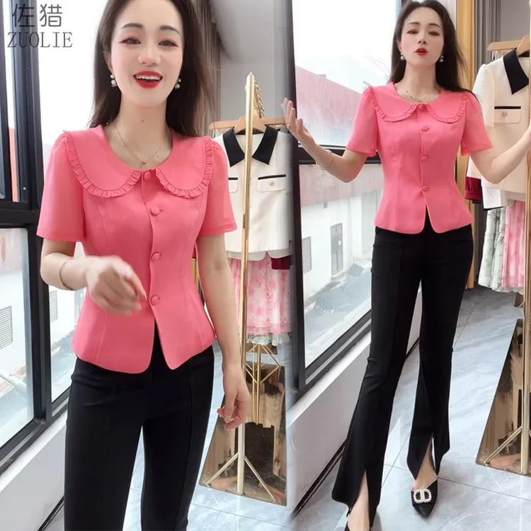 短袖衬衫女2025夏季新款时尚减龄显瘦洋气娃娃领短袖百搭上衣小衫