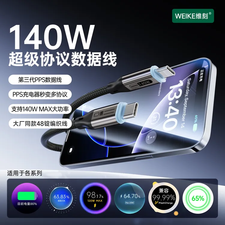 WEIKE/维刻140w超级协议转换数据线48锭编织工艺兼容笔记本快充